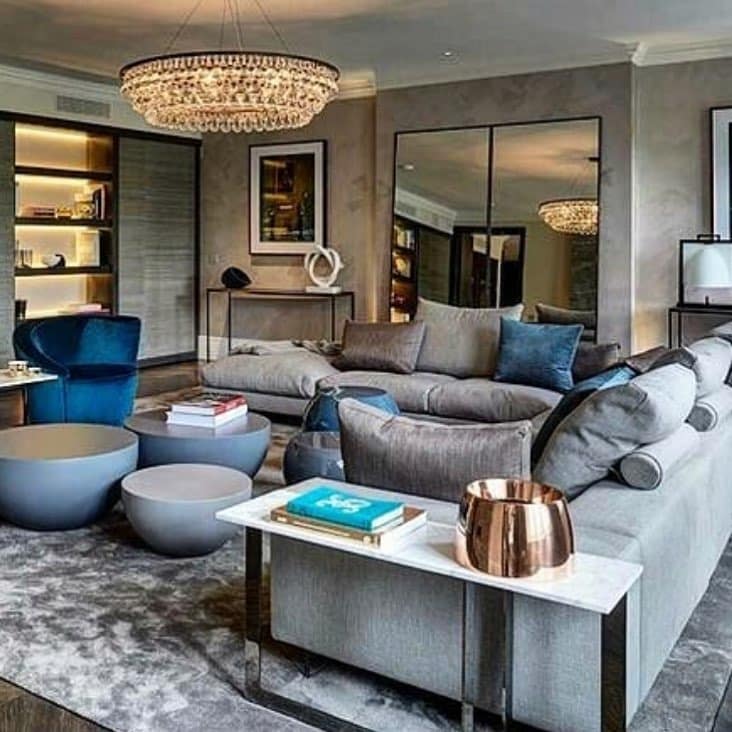 18. Luxury Blue and Gray Living Room with Glam Finishes - blue and gray living room ideas