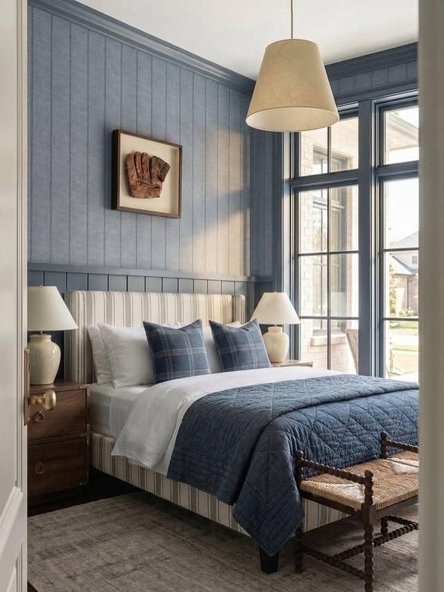 2. Navy Blue Cottage Bedroom with Vertical Panel Walls - navy blue bedroom ideas