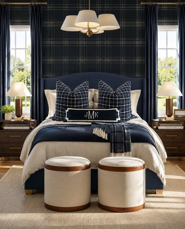5. Navy Blue Plaid Bedroom with Tailored Style - navy blue bedroom ideas