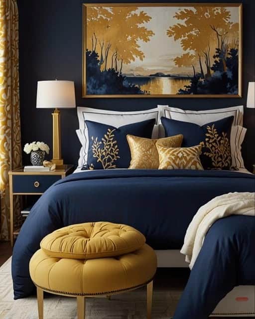 6. Navy Blue and Mustard Gold Bedroom Decor - navy blue bedroom ideas