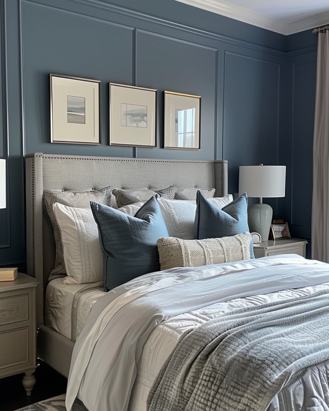 8. Modern Navy Blue Bedroom with Light Gray Bedding - navy blue bedroom ideas