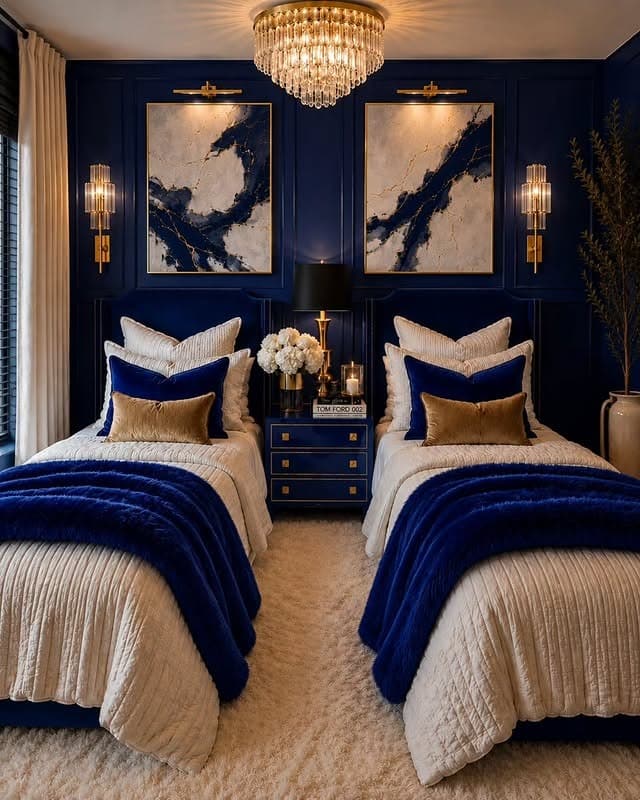 9. Luxury Navy Blue Twin Bedroom with Gold Details - navy blue bedroom ideas