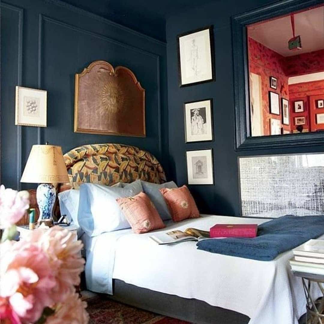 11. Vintage Navy Blue Bedroom with Blush Pink Accents - navy blue bedroom ideas