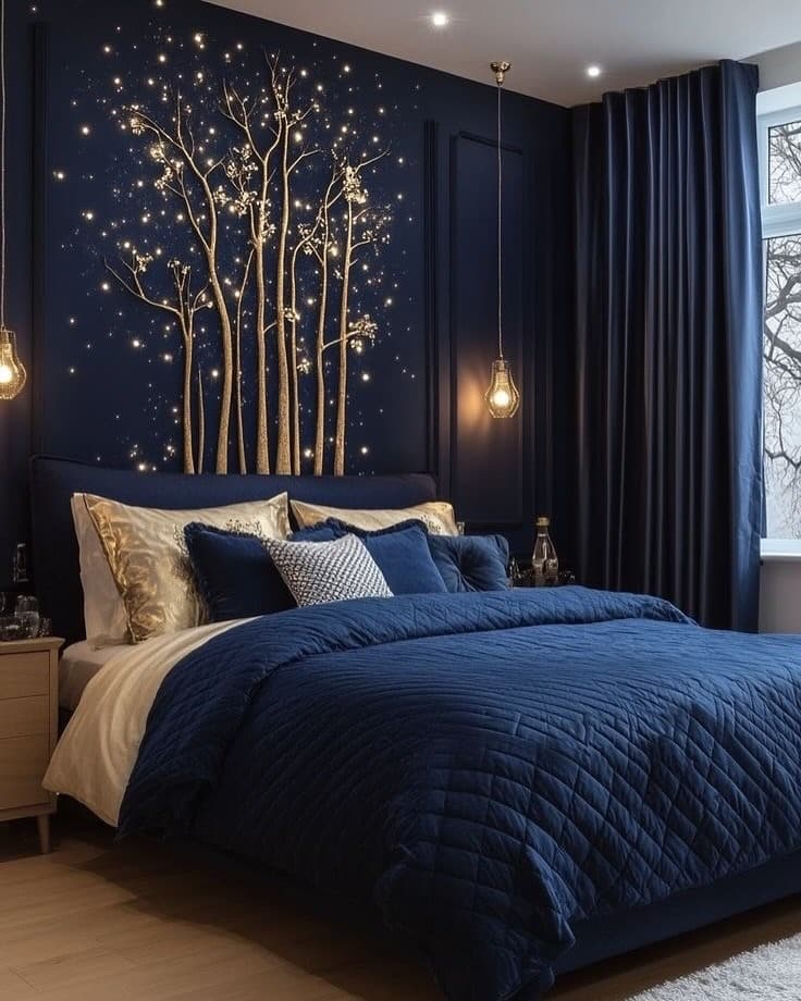 12. Navy Blue Bedroom with Gold Tree Wall Art - navy blue bedroom ideas