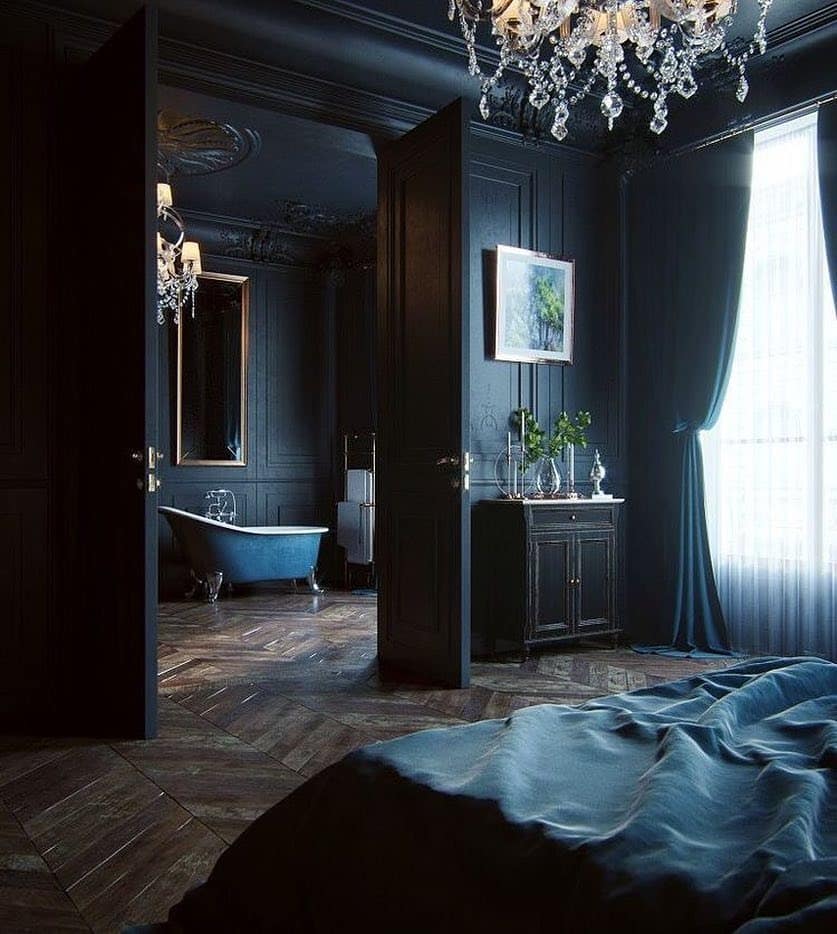 13. Moody Navy Blue Luxury Bedroom Suite - navy blue bedroom ideas