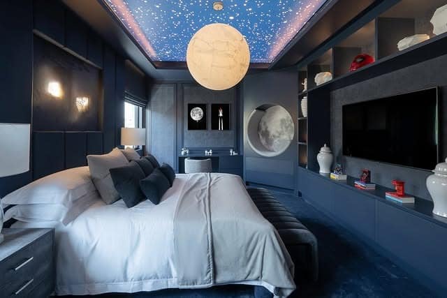 14. Modern Navy Blue Bedroom with Celestial Ceiling - navy blue bedroom ideas