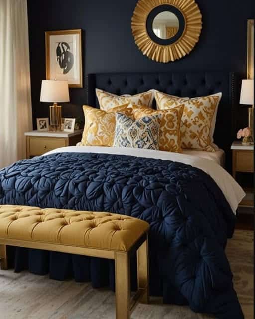 15. Navy Blue and Gold Glam Bedroom Design - navy blue bedroom ideas