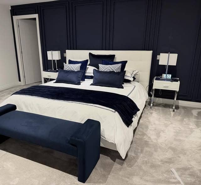 19. Contemporary Navy Blue Paneled Bedroom - navy blue bedroom ideas