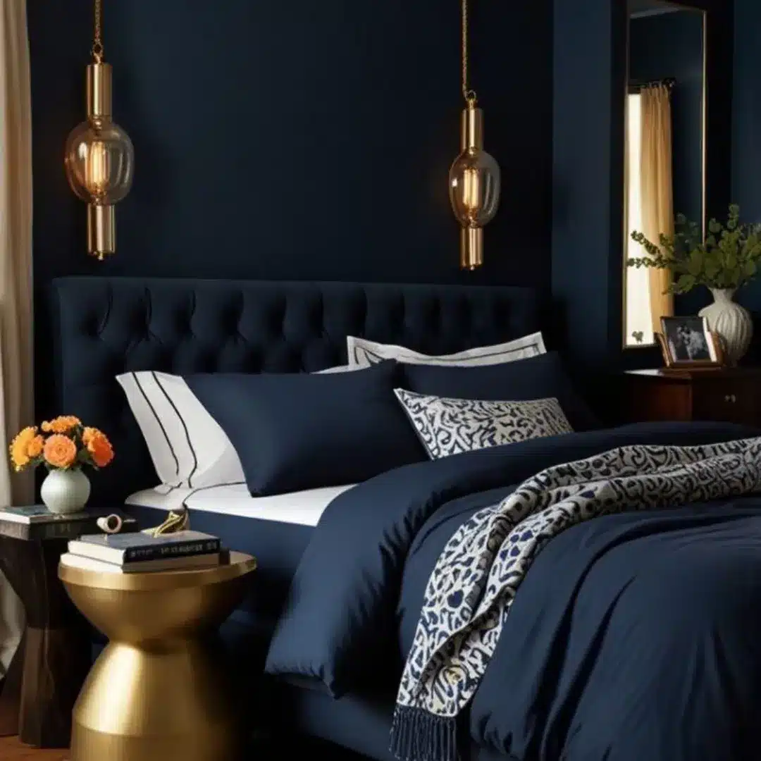 20. Elegant Navy Blue Bedroom with Brass Lighting - navy blue bedroom ideas