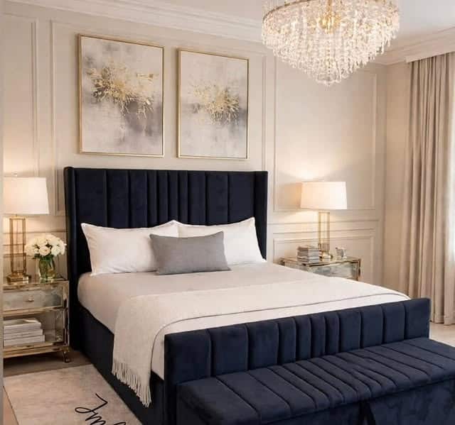 21. Navy Blue Velvet Bedroom with Crystal Chandelier - navy blue bedroom ideas