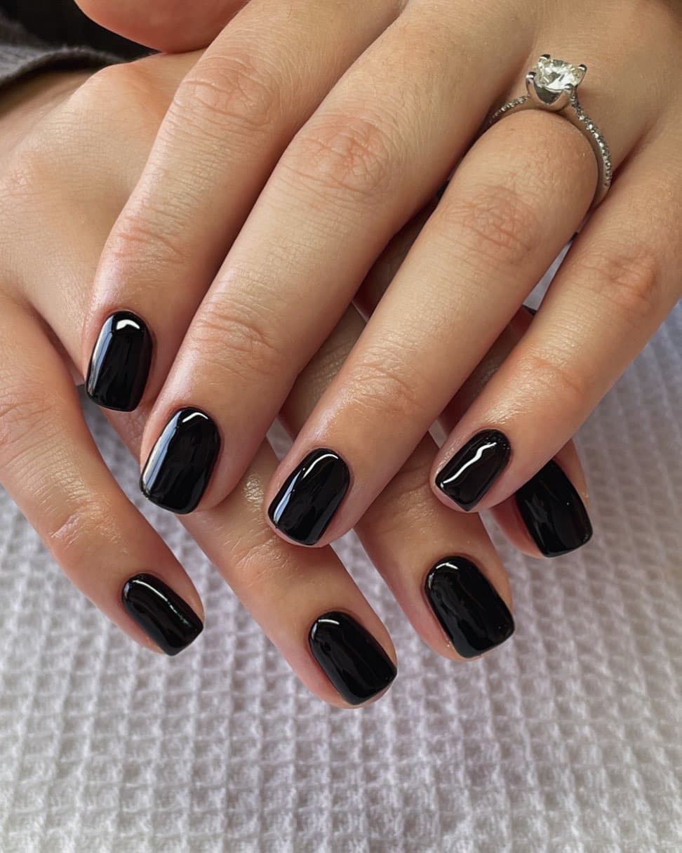 1. Glossy Short Black Square Nails - short black nail ideas