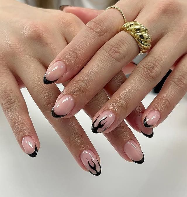 9. Black Flame French Almond Nails - short black nail ideas