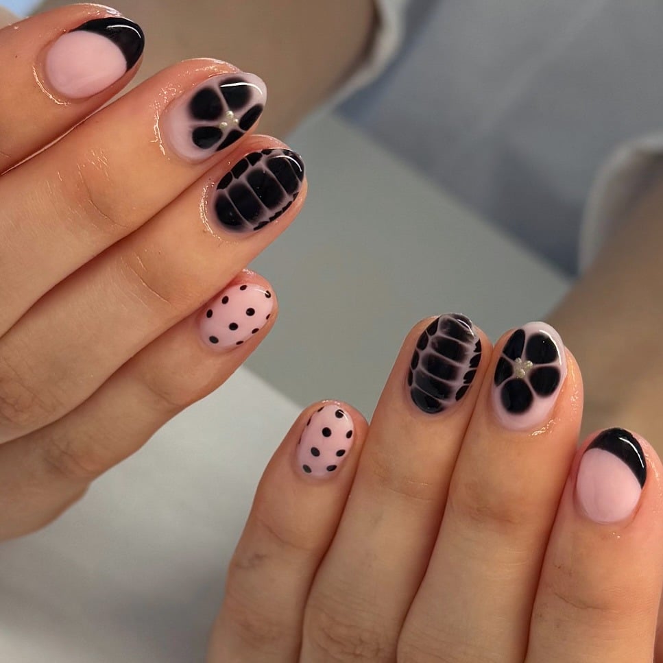 14. Short Black Floral and Polka Dot Nails - short black nail ideas
