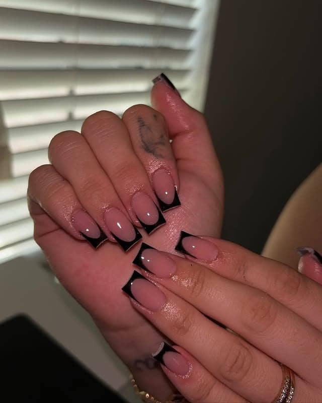 16. Short Black French Coffin Nails - short black nail ideas