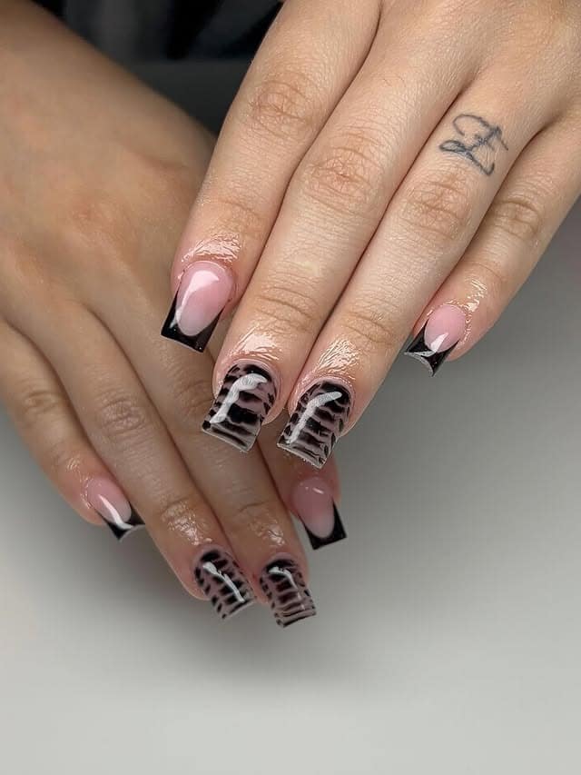 17. Black French and Croc Print Square Nails - short black nail ideas
