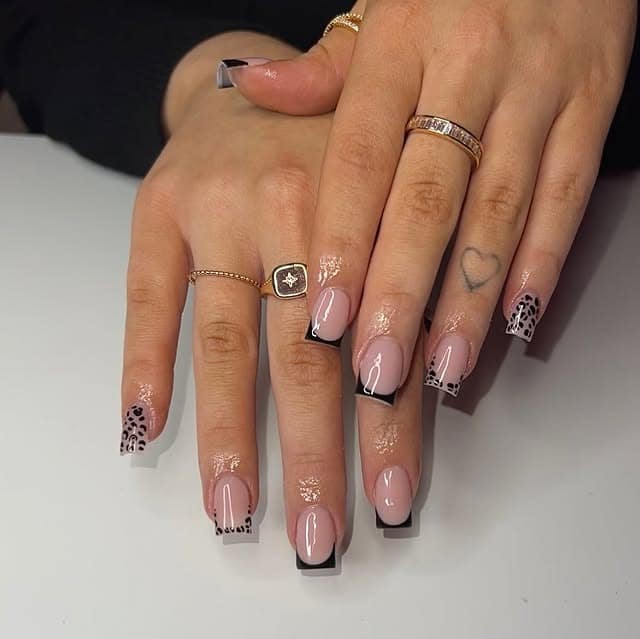 19. Short Black Leopard French Nails - short black nail ideas