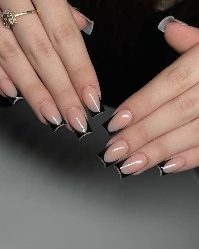 20. Classic Black French Square Nails - short black nail ideas