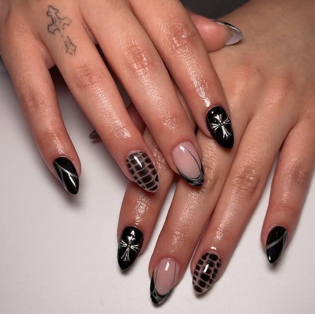22. Short Black Mixed Art Almond Nails - short black nail ideas