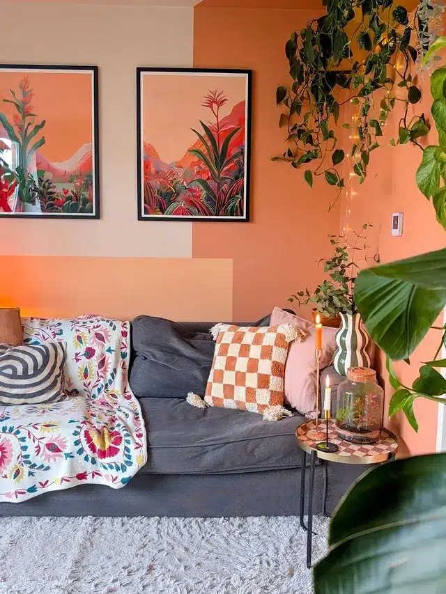4. Peach Orange Walls with Gray Sofa Living Room Idea - orange and gray living room ideas