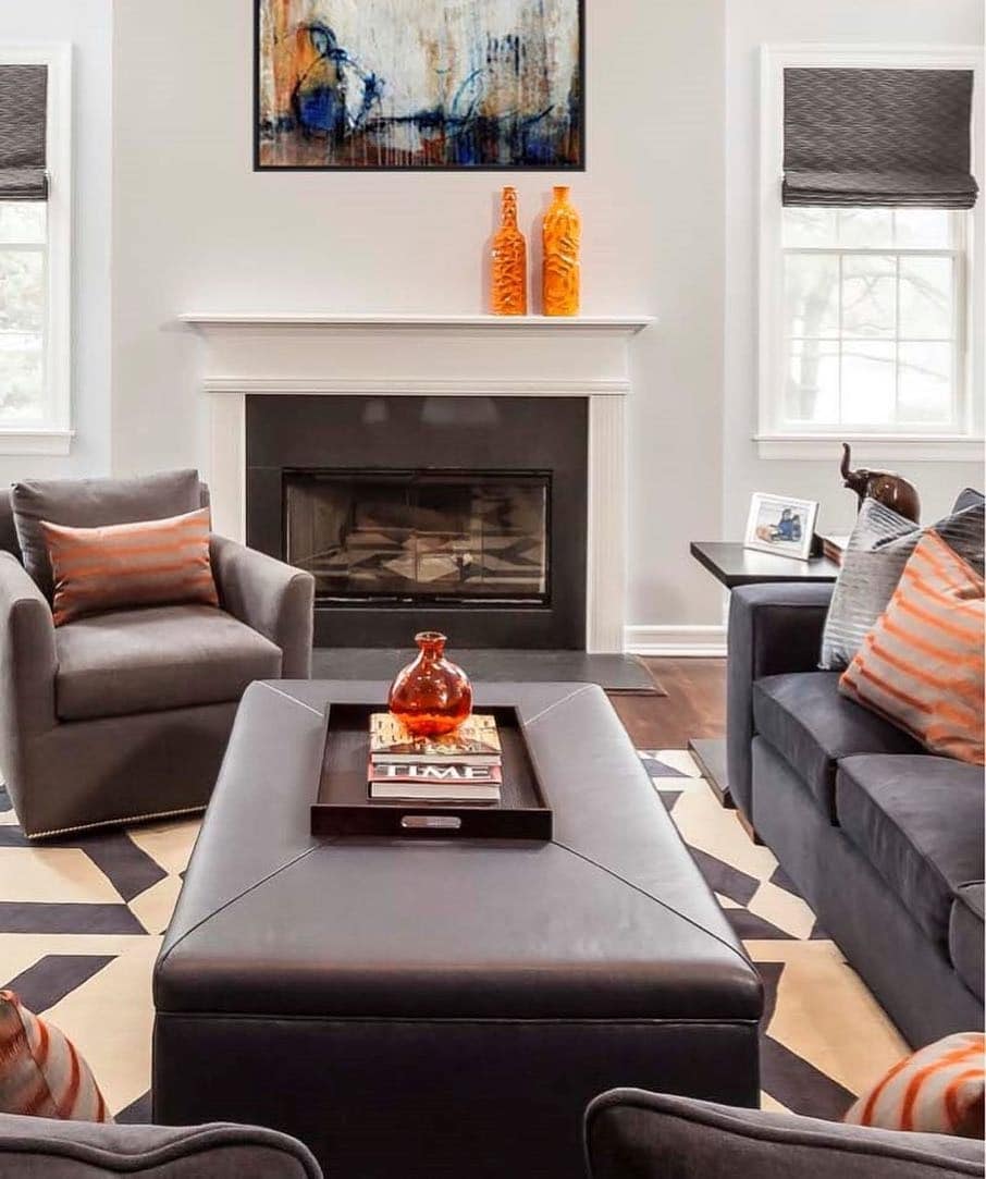 10. Gray Living Room with Orange Decorative Accents - orange and gray living room ideas