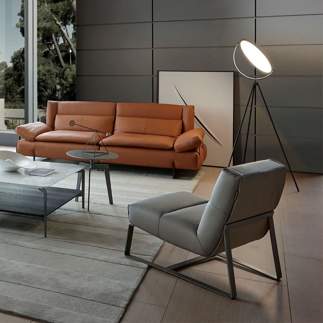 12. Modern Orange Leather Sofa with Gray Living Room Design - orange and gray living room ideas