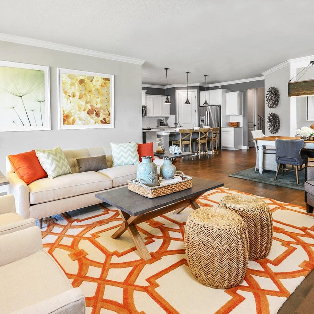 14. Open Concept Orange and Gray Living Room Style - orange and gray living room ideas