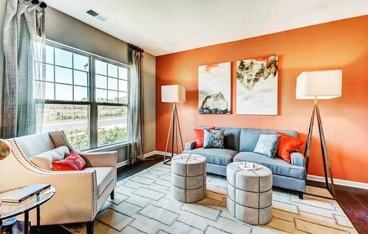 15. Burnt Orange Feature Wall with Gray Sofa Living Room - orange and gray living room ideas