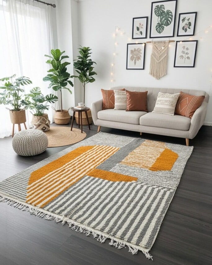 18. Minimal Orange and Gray Rug Living Room Idea - orange and gray living room ideas