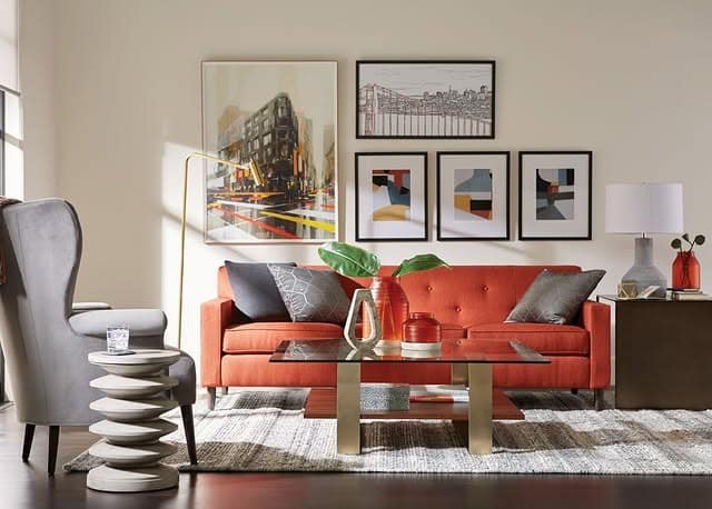 19. Contemporary Orange Sofa with Gray Accent Furniture - orange and gray living room ideas