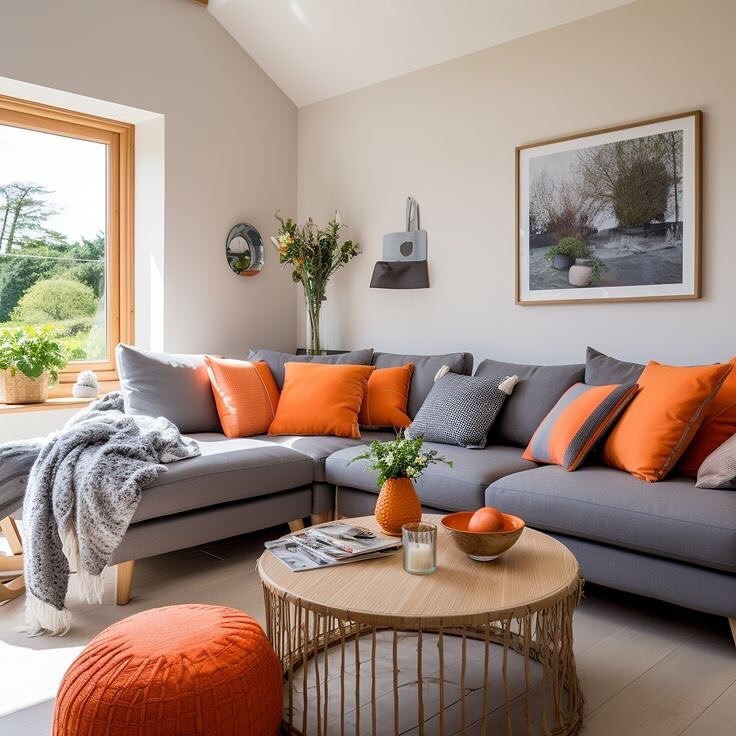20. Bright Gray Sectional with Orange Pillow Living Room - orange and gray living room ideas