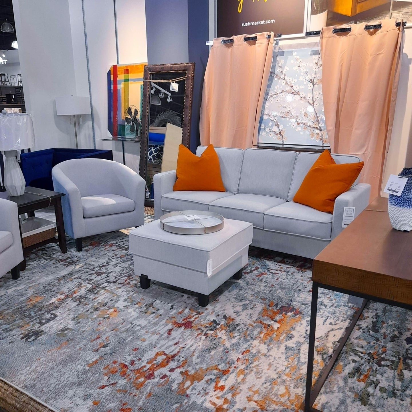 21. Light Gray Sofa with Orange Pillow Living Room Idea - orange and gray living room ideas
