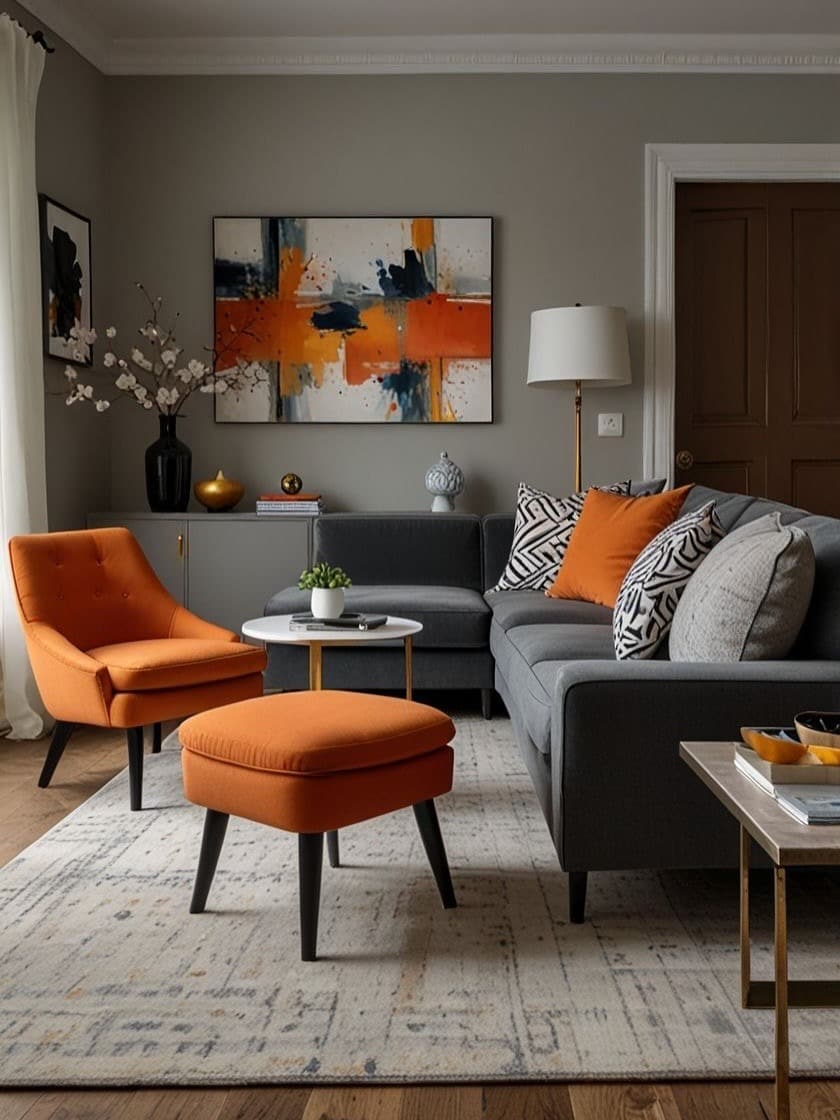22. Modern Orange Accent Chair and Gray Sofa Living Room - orange and gray living room ideas