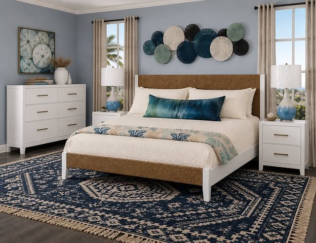 4. Light Blue Nautical Bedroom Idea with Woven Headboard - nautical bedroom ideas