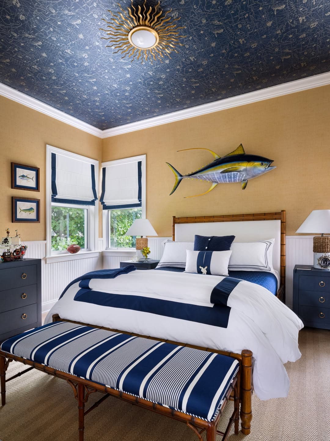 5. Coastal Fishing Lodge Nautical Bedroom Idea with Statement Ceiling - nautical bedroom ideas