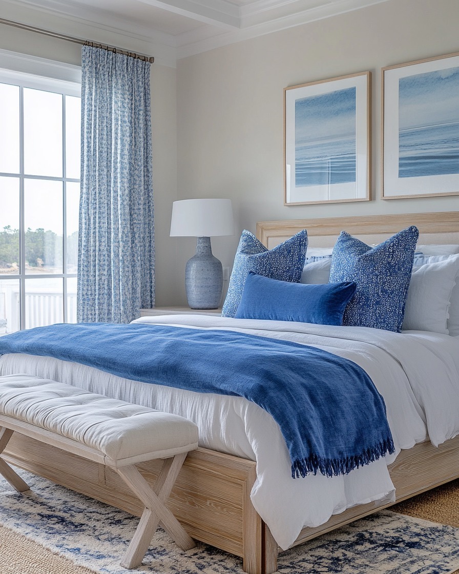 9. Blue Throw Nautical Bedroom Idea with Coastal Artwork - nautical bedroom ideas