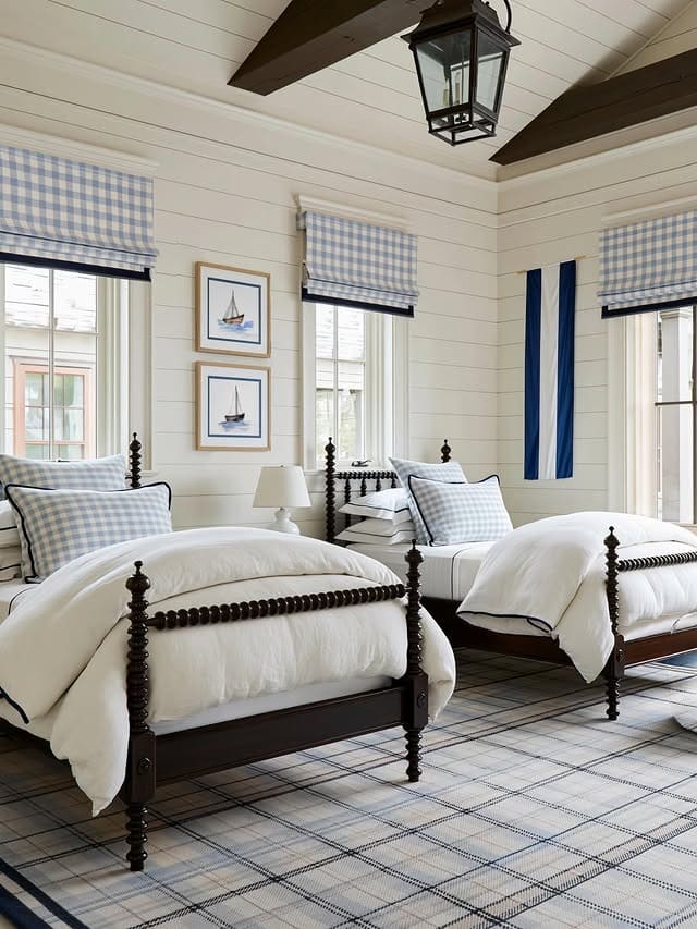 10. Gingham Coastal Nautical Bedroom Idea with Classic Twin Beds - nautical bedroom ideas