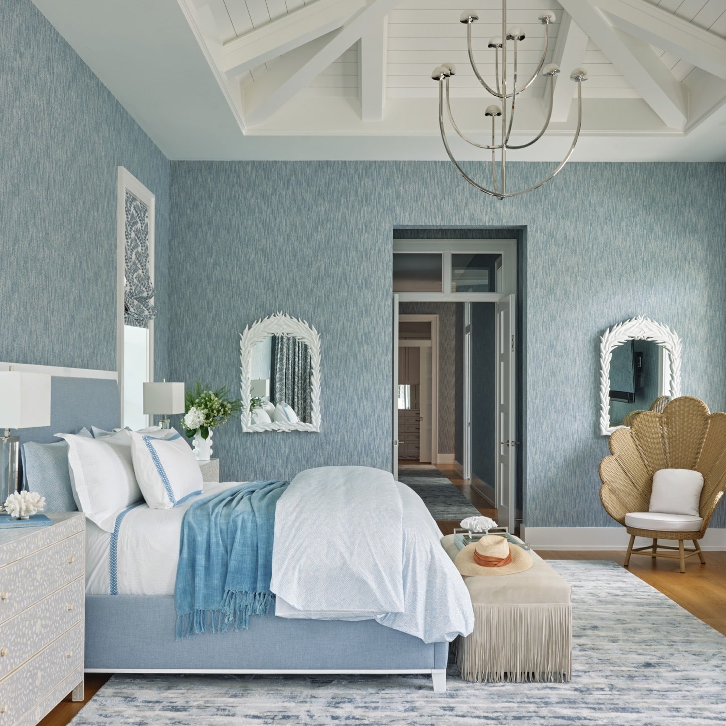 14. Sky Blue Nautical Bedroom Idea with Vaulted Ceiling - nautical bedroom ideas
