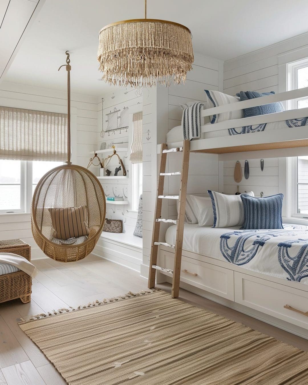 16. Coastal Bunk Bedroom Idea with White and Blue Palette - nautical bedroom ideas