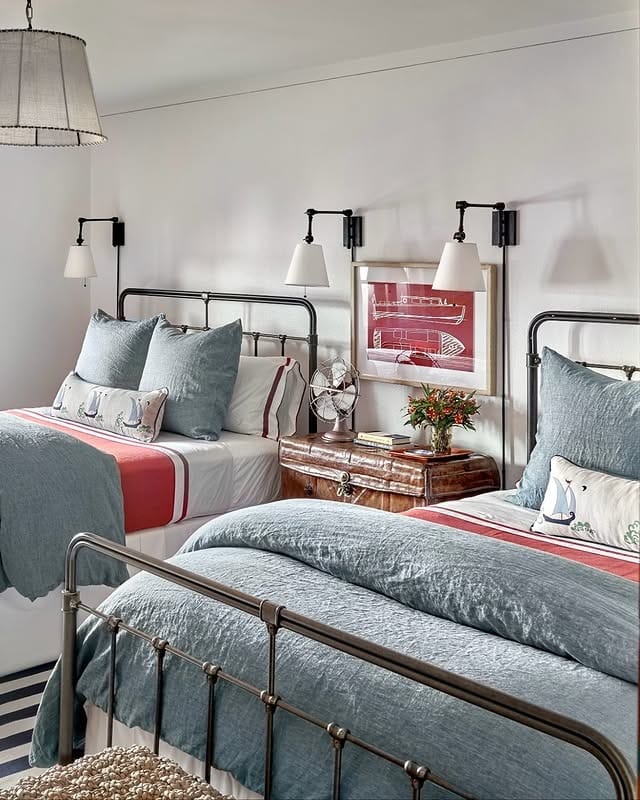 19. Coral and Blue Nautical Bedroom Idea with Twin Metal Beds - nautical bedroom ideas