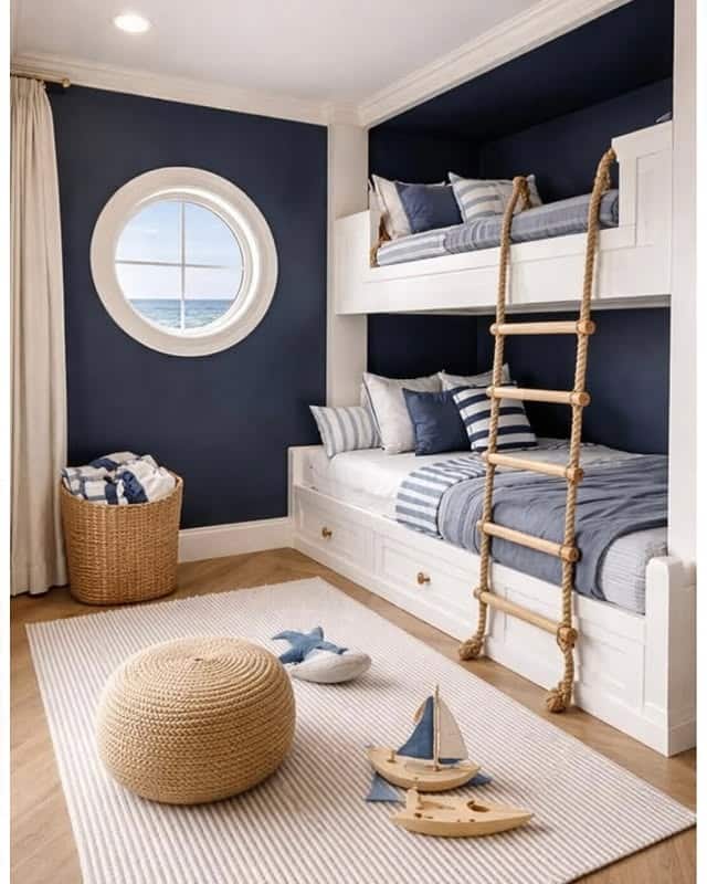 20. Navy Bunk Nook Nautical Bedroom Idea with Rope Ladder - nautical bedroom ideas