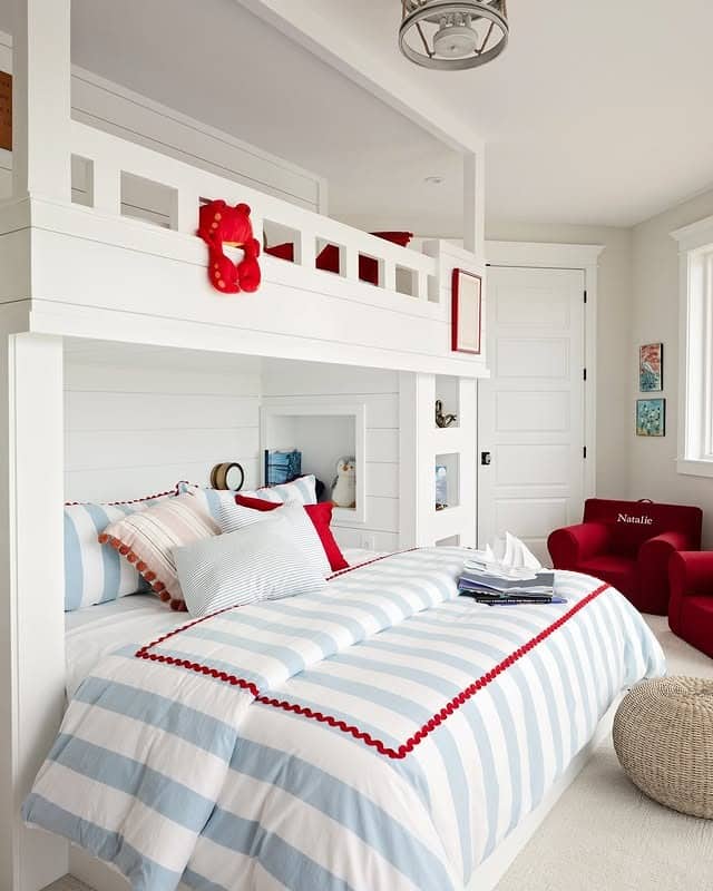 21. Red and Light Blue Nautical Bedroom Idea with Loft Bed - nautical bedroom ideas