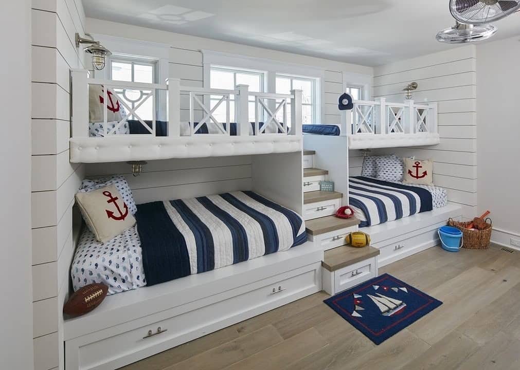 22. Navy and White Nautical Bunk Room Idea with Built-In Storage - nautical bedroom ideas