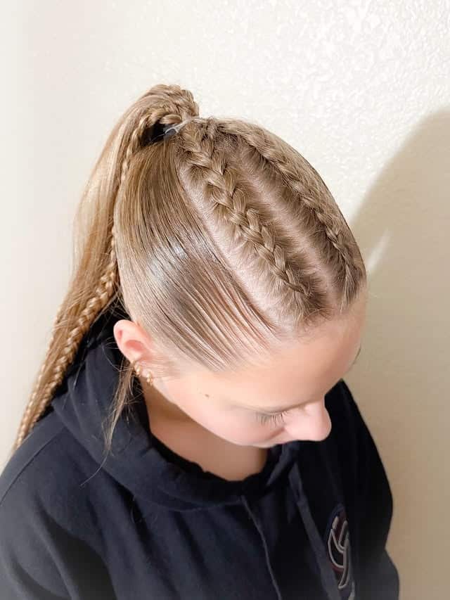 10. Double Accent Braids into High Ponytail on Sandy Blonde Hair - Volleyball Hairstyles