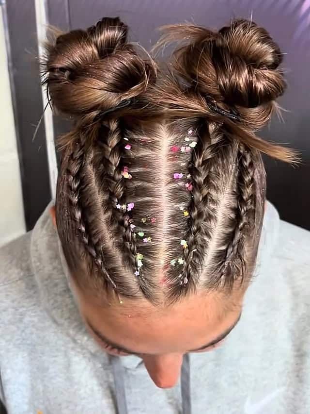 17. Glitter Braids with Double Space Buns on Chocolate Brown Hair - Volleyball Hairstyles