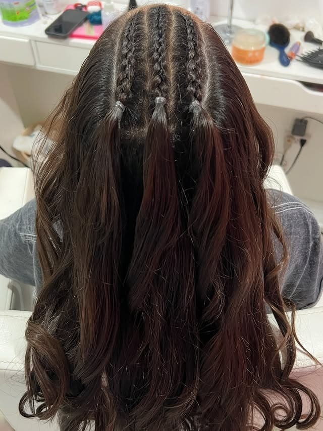 20. Mini Accent Braids on Deep Mahogany Brown Hair - Volleyball Hairstyles
