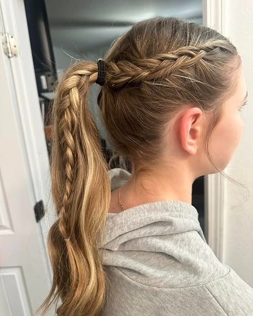22. Wrapped Side Braids into High Ponytail on Dark Blonde Hair - Volleyball Hairstyles