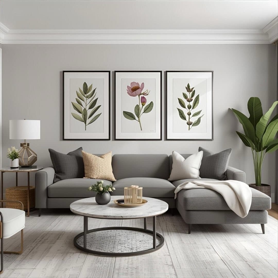 1. Soft Grey and White Living Room with Botanical Wall Art - grey and white living room ideas
