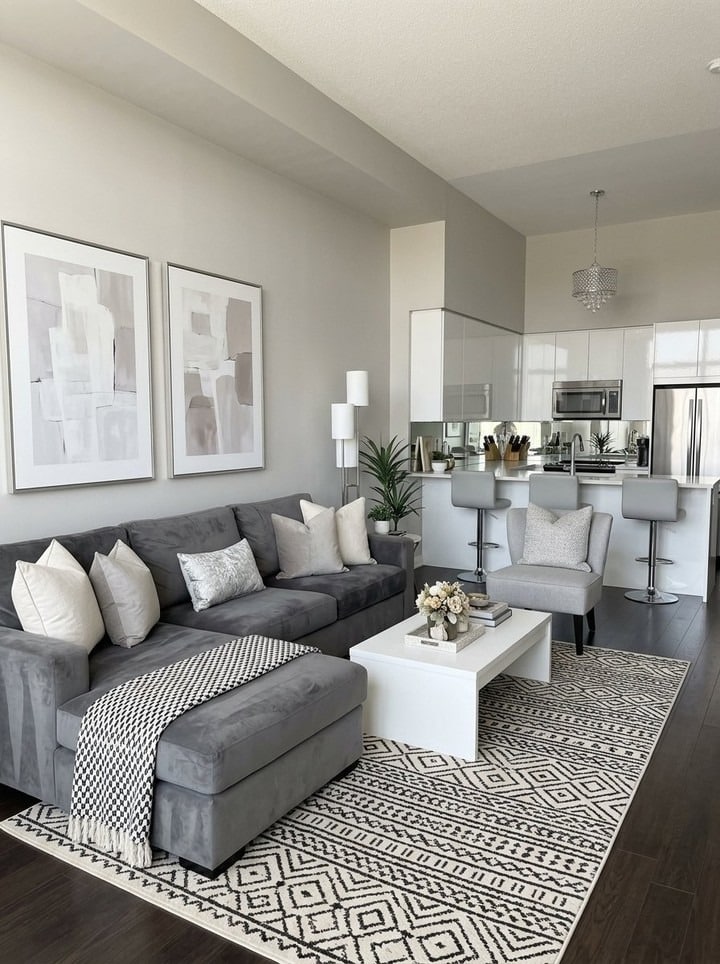 6. Grey and White Open Concept Living Room Design - grey and white living room ideas