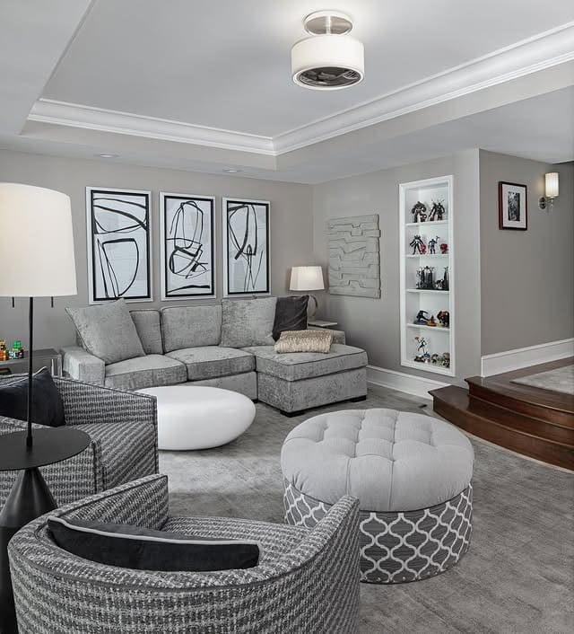 11. Grey and White Living Room with Curved Seating - grey and white living room ideas