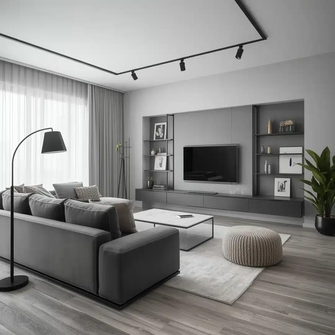 13. Minimalist Grey and White Living Room with Floating Media Wall - grey and white living room ideas